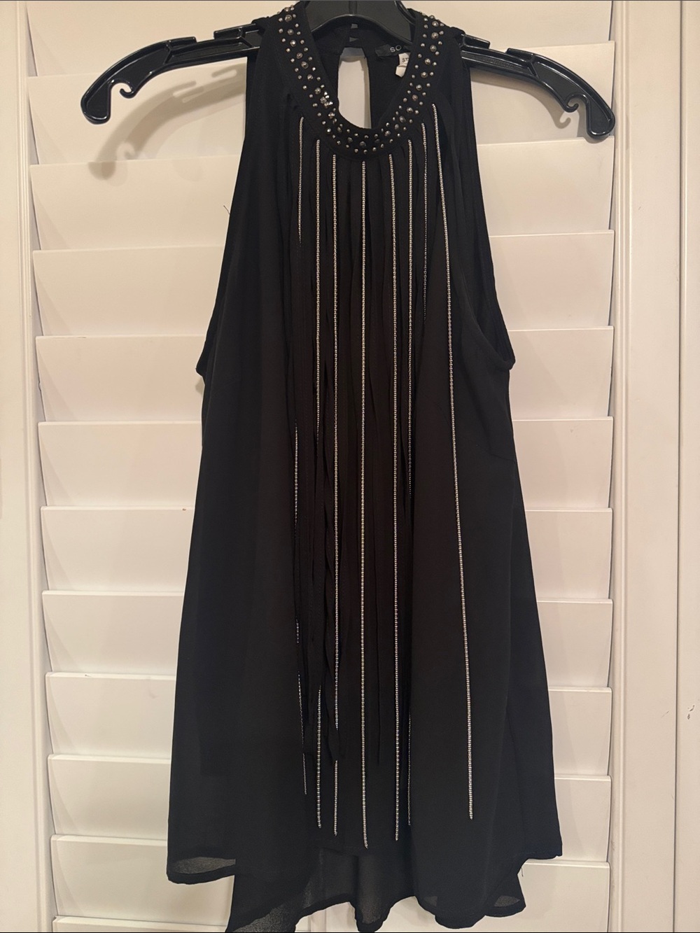 Black Sleeveless Halter Top with Embellished Neckline